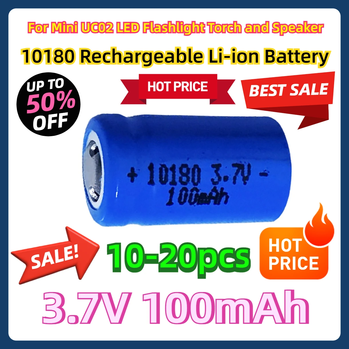 10-20pcs For Mini UC02 LED Flashlight Torch and Speaker 3.7V 10180 Rechargeable Li-ion Battery 100mAh