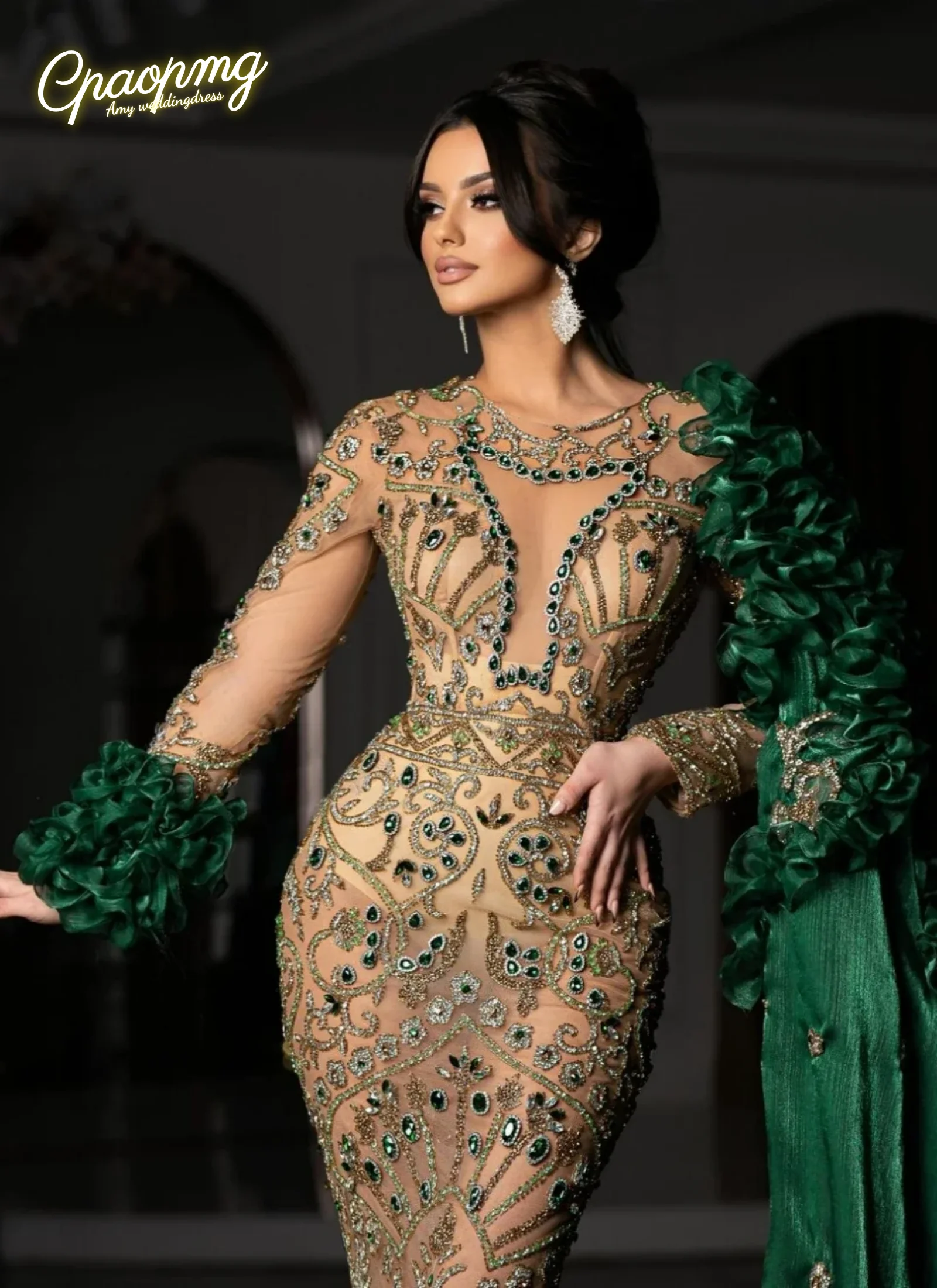 CustomizedExquisite Evening Dresses Crystal See Through Prom Dress Beaded Long Sleeves Mermaid Party Gowns Vestidos De Noche