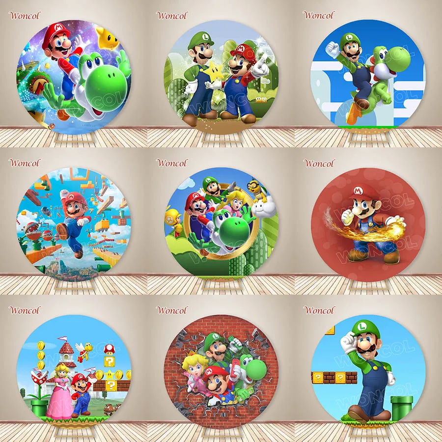 Super Mario Baby Shower Round Backdrop Custom Mario Luigi Circle Cover Yoshi Toad Background Peach Princess Birthday Decor Prop