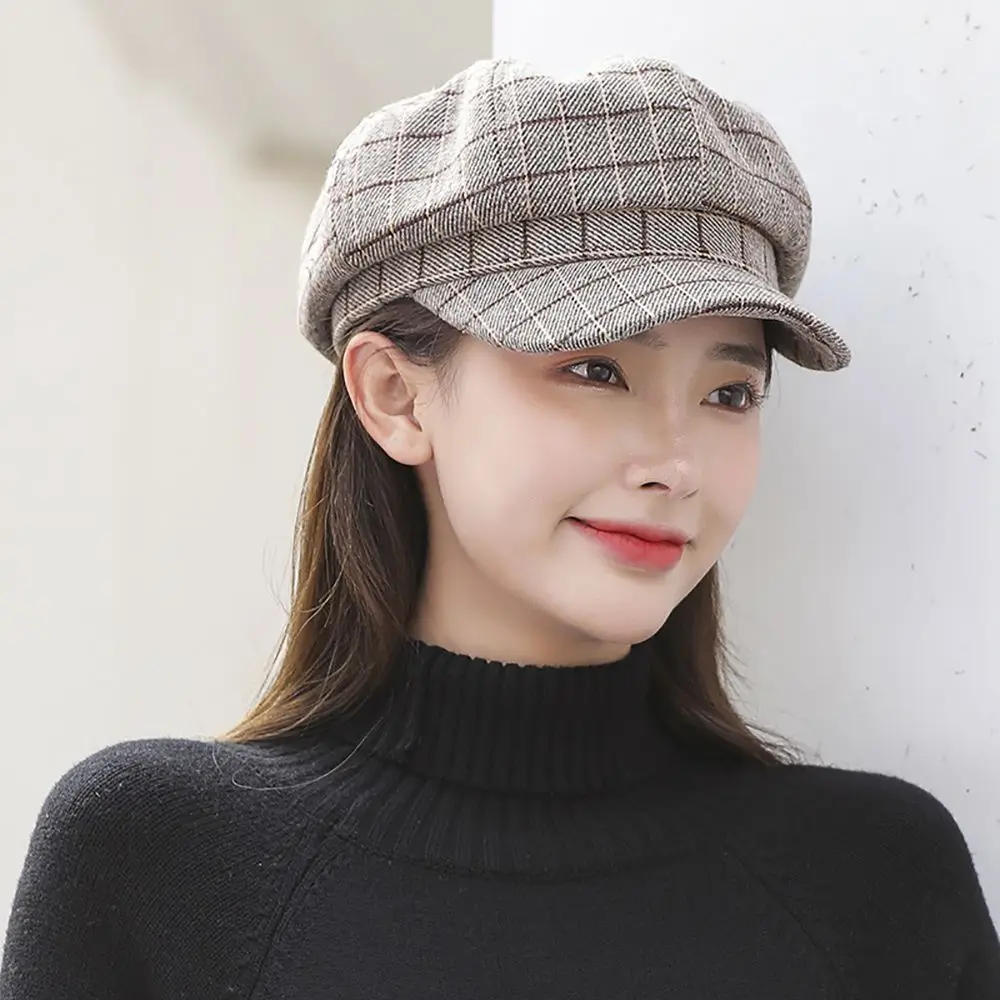 

Casual Autumn Korean Keep Warm Female Wool Plaid Beret Painter Hat Women Caps Octagonal Hat
