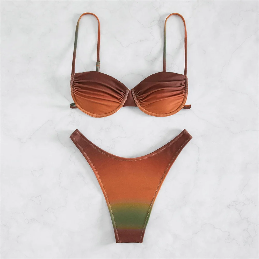 Gradient Sling Bikini Push Up Bra Micro String Backless Swimwear Y2K Pleated Swimsuit Women Brazilian Beach Bikinis Bathing Suit