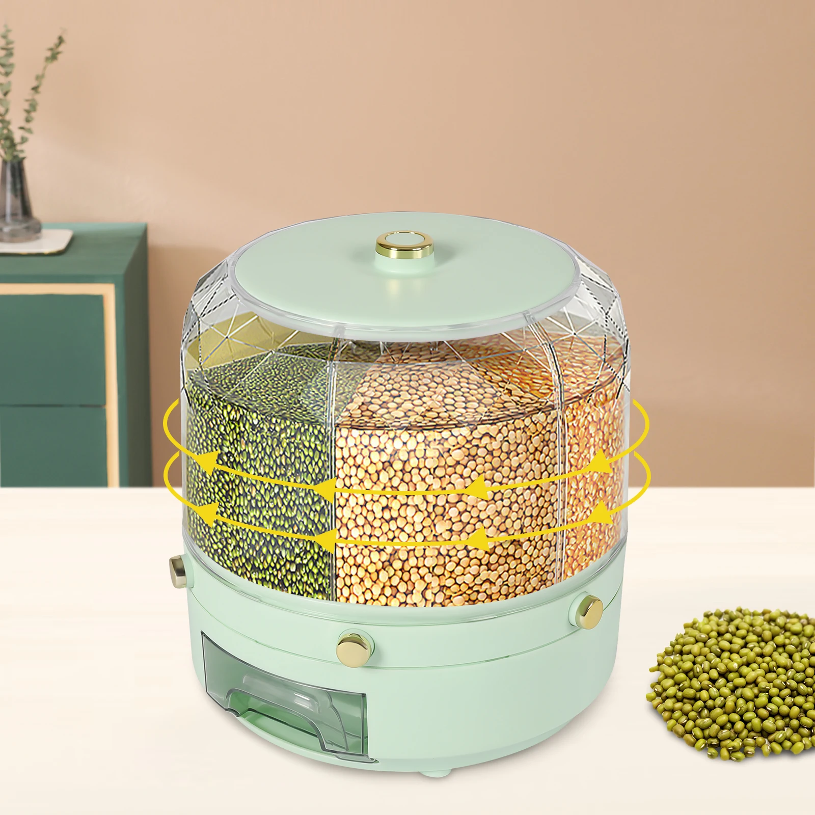 

Rice Food Grain Dispenser 6 Grids Rice & Grain Storage Container Rotatable Sealed Grain Food Storage, One-Button Pressing