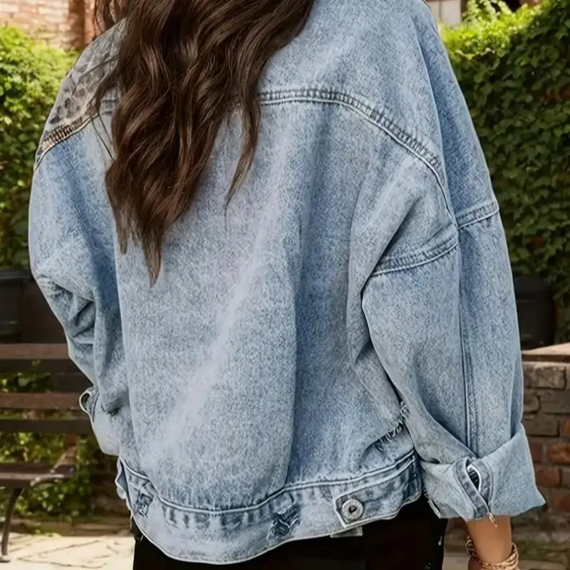 Faionable ليوبارد طباعة الدنيم Jaet 2025 عبر الحدود جديد Sle المرأة ort معطف ليوبارد نمط الربط تصميم #3