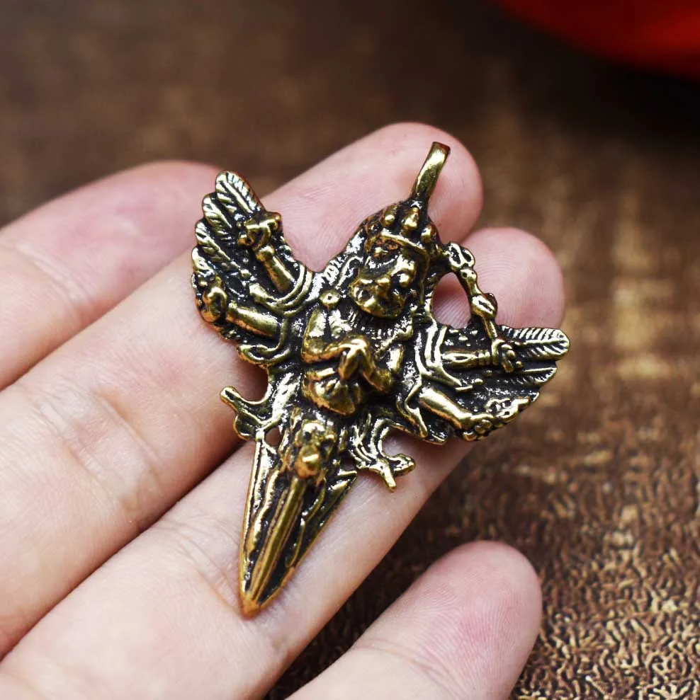 Tibetan Buddhism Garuda Phurba Pendant Brass Six-Armed Garuda Vajra Amulet Charm Retro Religious Protection Necklace Jewelry