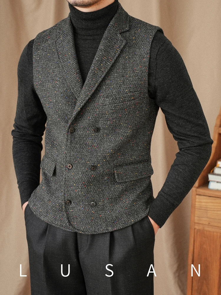 

Autumn and Winter Vintage Double-breasted Wool Color Point Vest Warm Commuter Style Men's Sleeveless Waistcoat