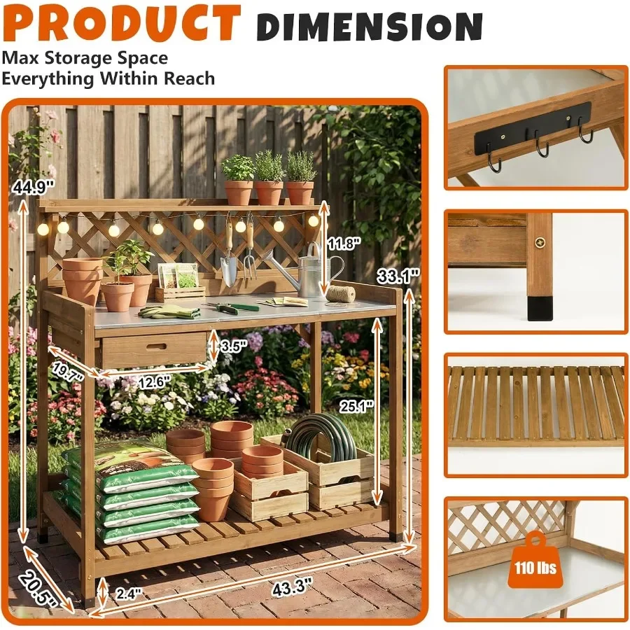 Outdoor Garden Potting Bench with Metal Tabletop, Weatherproof Wooden Potting Table with Metal Hooks, Sliding Drawer, Large Ope