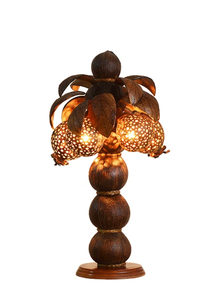 Wooden Coconut Shell Decorative Table Lamp Southeast Asia Thai Coconut Lamp Bedroom Bedside LampL7