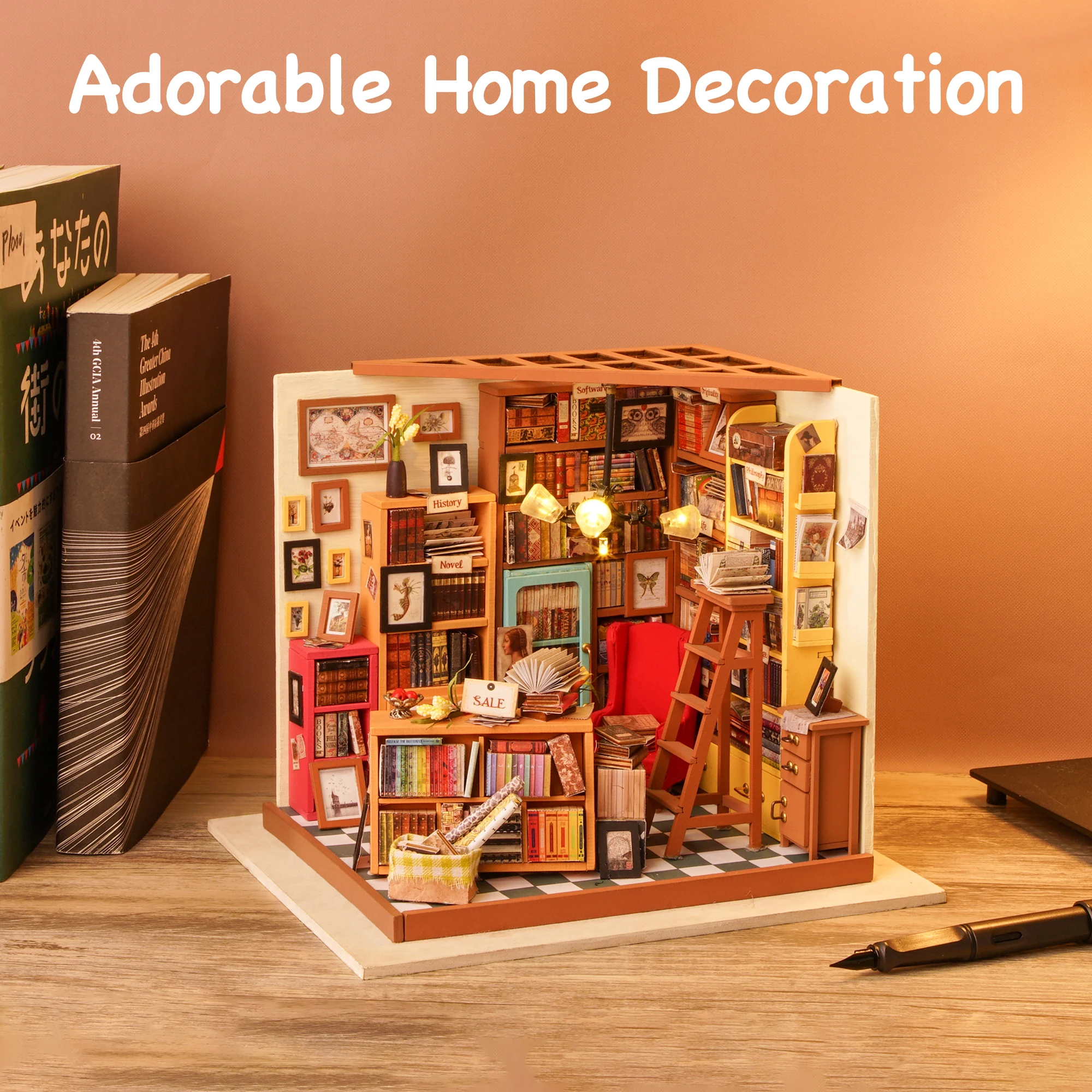 Rolife DIY Miniature House Kit Sam's Study Library 3D Wooden Puzzle Dollhouse Toy with LED Light for Bookshelf Decor Birthday Gifts for Book Lovers Adults Teens