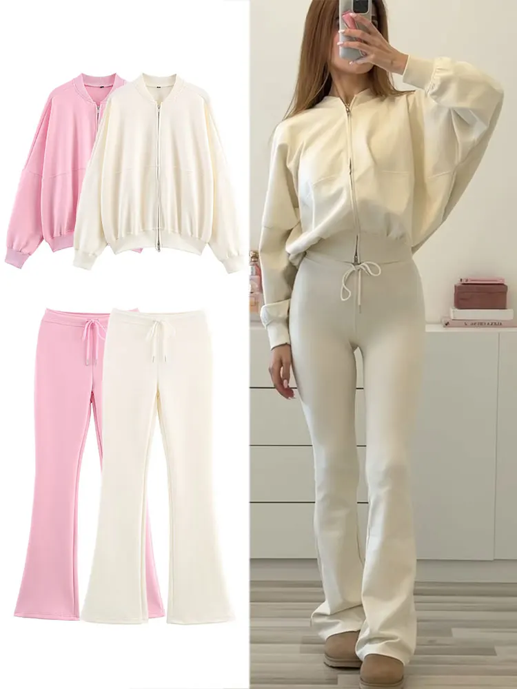 HH Autumn Women Elegant Solid Pants Set Long Sleeve Zipper Bomber Jackets Drawstring Slim Flare Pant Casua Loffice Lady Suits