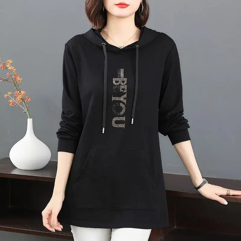 Fashion Spliced Pockets Letter Diamonds Hooded T-Shirts Women's Clothing 2024 Autumn New Loose Casual Tops Commuter Tee Shirt