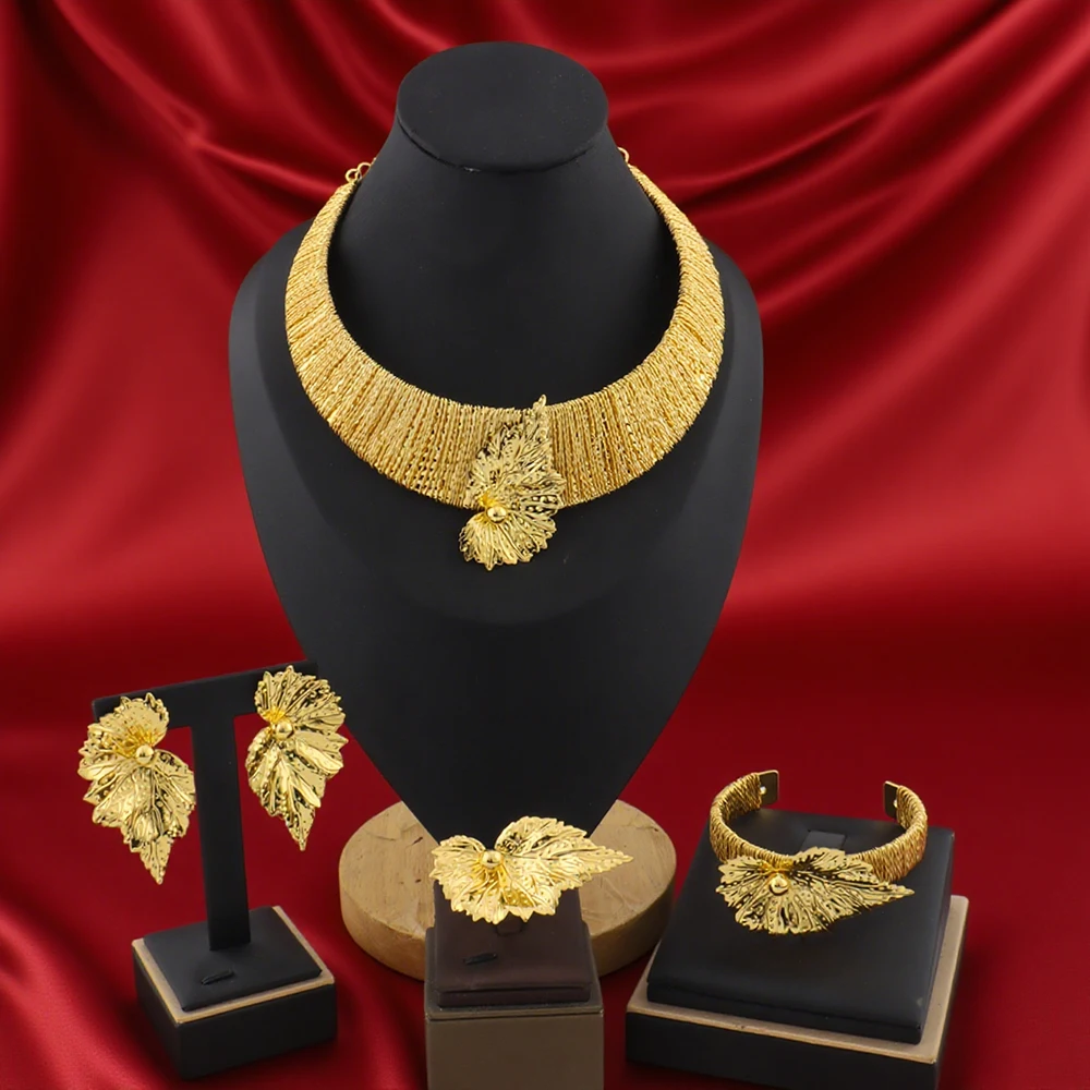 

Gold Color Jewelry Sets Necklace Earrings Ring Bracelet For Dubai Women Nigerian Indian Bridal Set Wedding Party Gifts