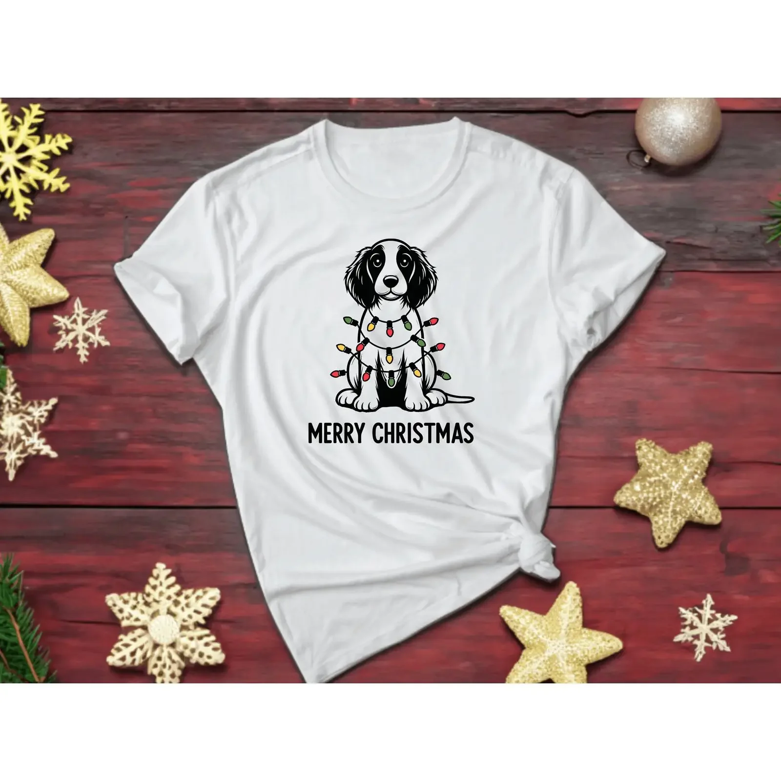 Merry Christmas Spaniel T Shirt Xmas Lights Dog Lover Cute for Owner Pet Holiday vintage Washed Casual Stylish streetwear