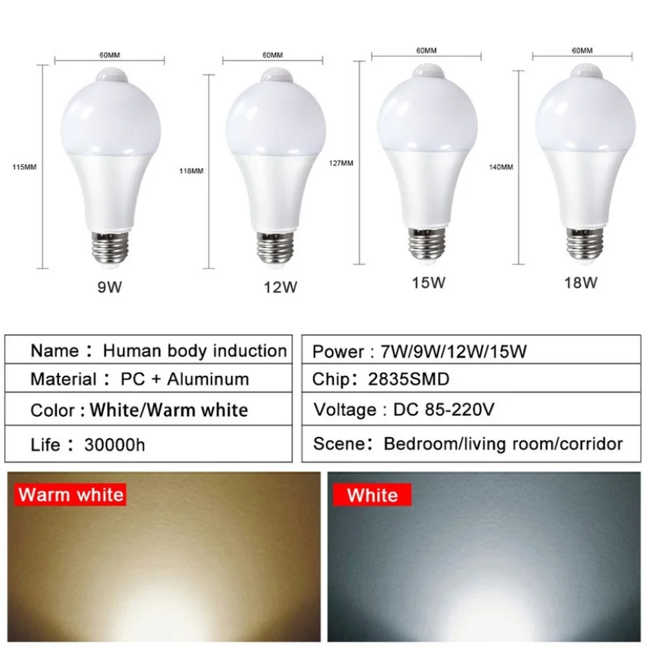 220V E27 Pir Bewegingssensor Lamp 9W 12W 15W 18W Led Lamp Met Bewegingssensor Infrarood Straling Bewegingsdetector Beveiligingslicht