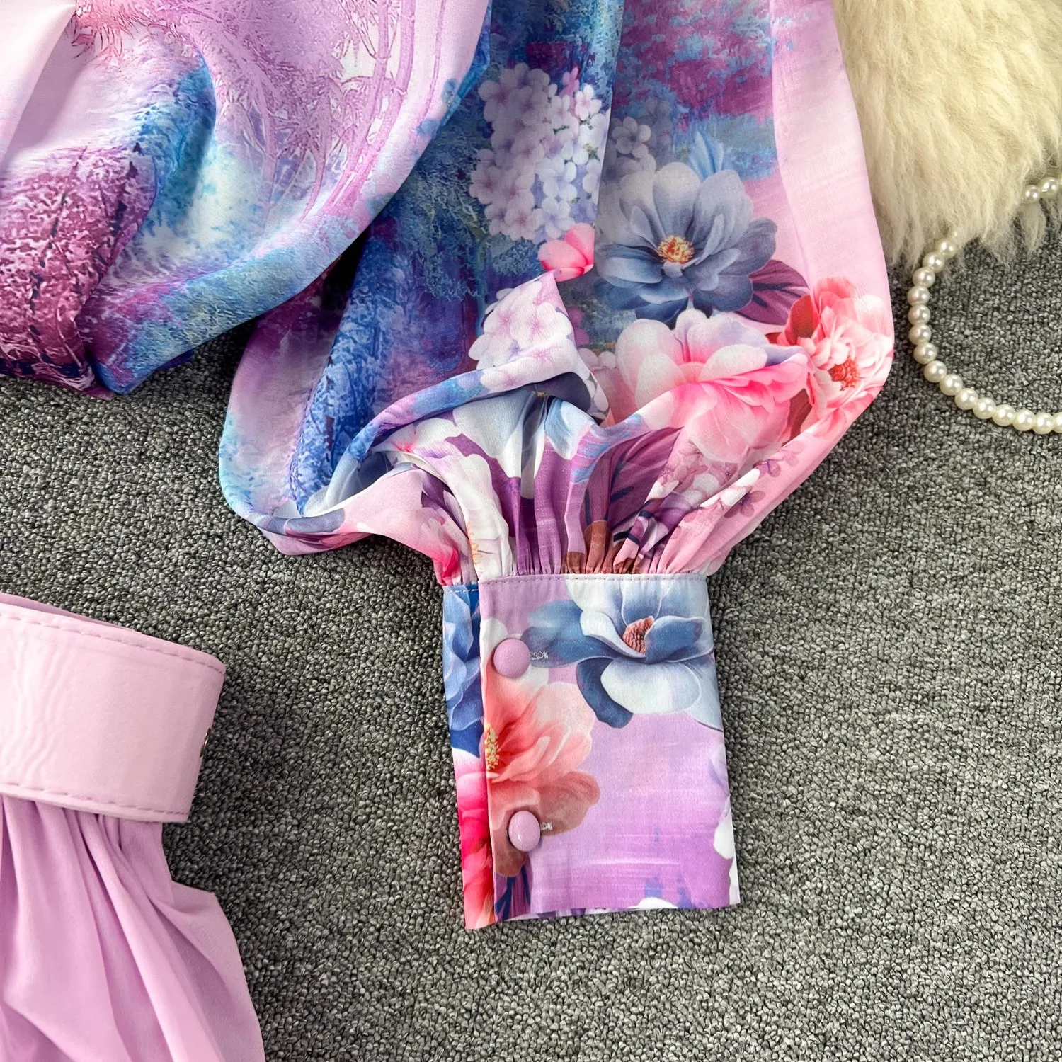 Runway Autumn Flower Two Piece Set Women Lantern Sleeve Floral Print Shirts Blouses + High Waist Belt Pleated Maxi Skirt Suits