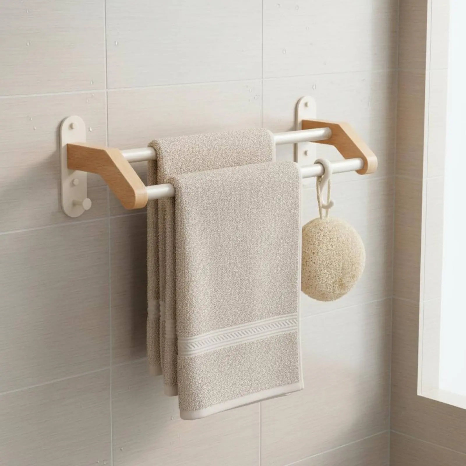 

Wooden Towel Rail No-Drill Install Double Towel Bar Bathroom Storage Long-Lasting Rustproof