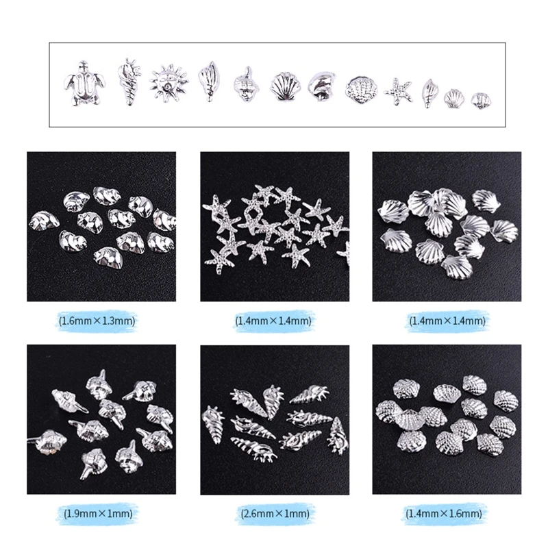 1 Box Ocean Theme Metal Stud Sea Starfish Shell Turtle Slice Flakes 3D Nail Art Decor DIY Manicure Tools Gold/Silver