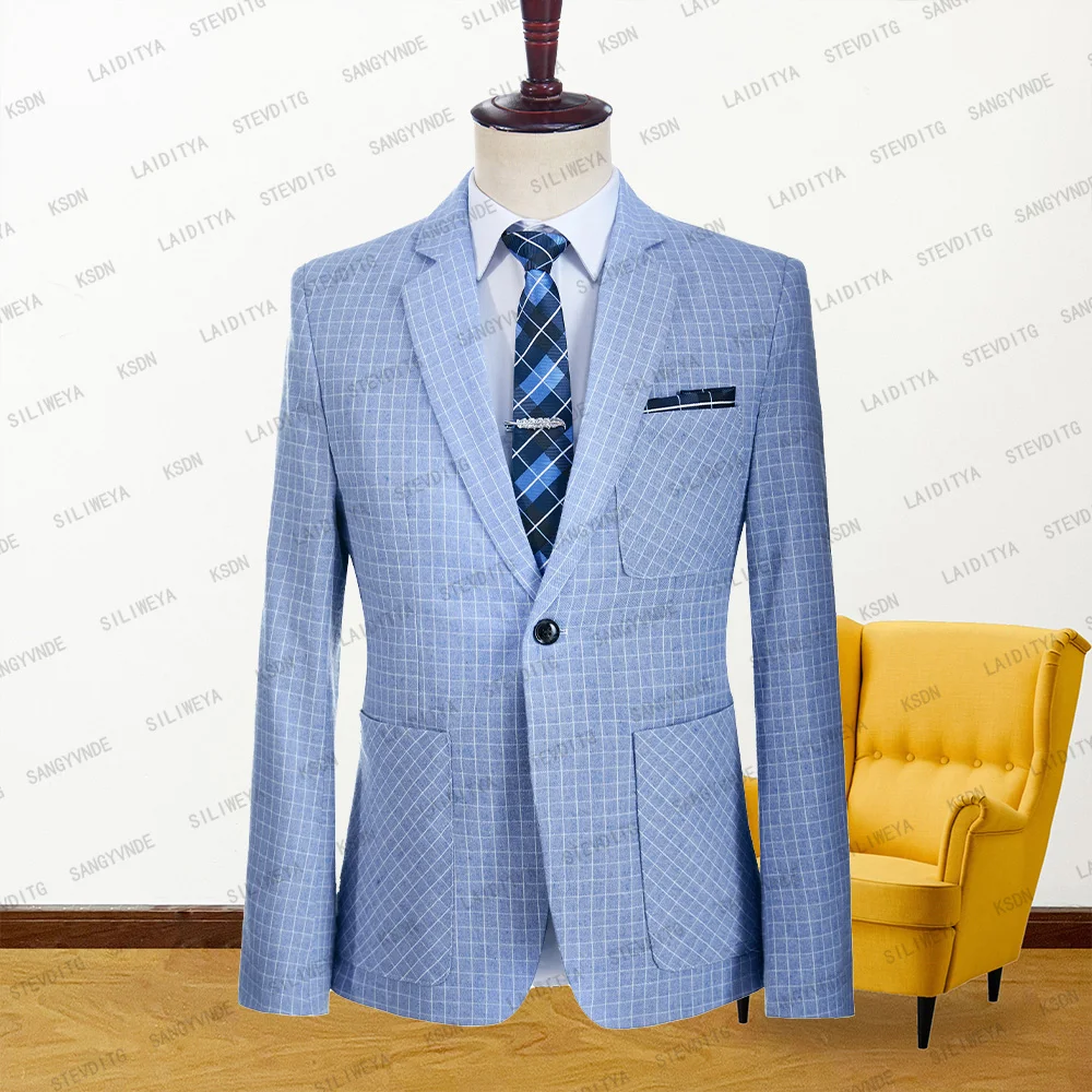 

2023 New Summer Men Suit Coat Light Blue White Check Slim Fit Groom Wedding Linen Notehed Lapel Fashion Leisure Blazer Jacket