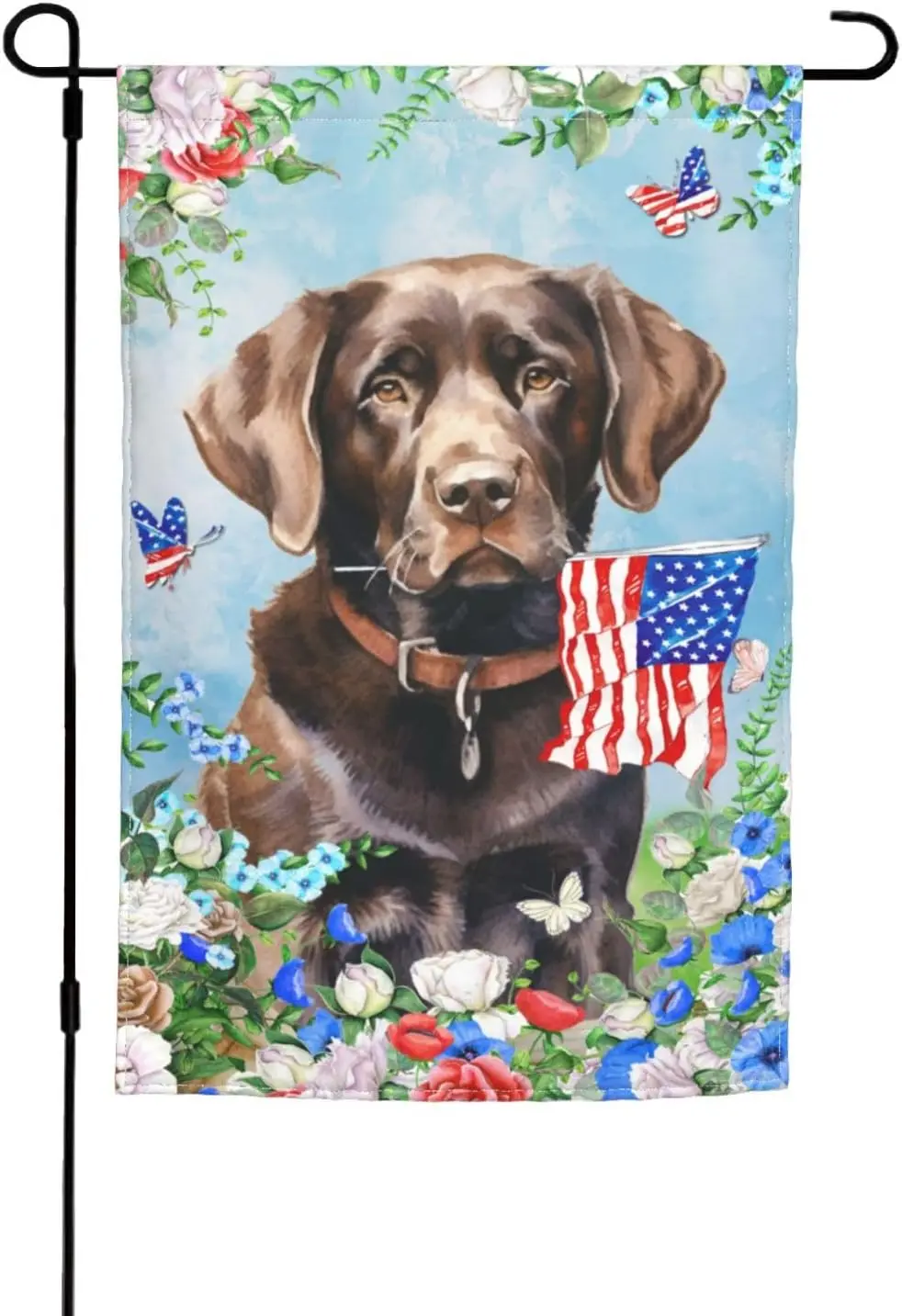 Patriotic Labrador Chocolate Lab Retriever Usa Butterfly Geraniums Flowers Garden Flag 12x18 Inch Double Sided Vertical Deco uui