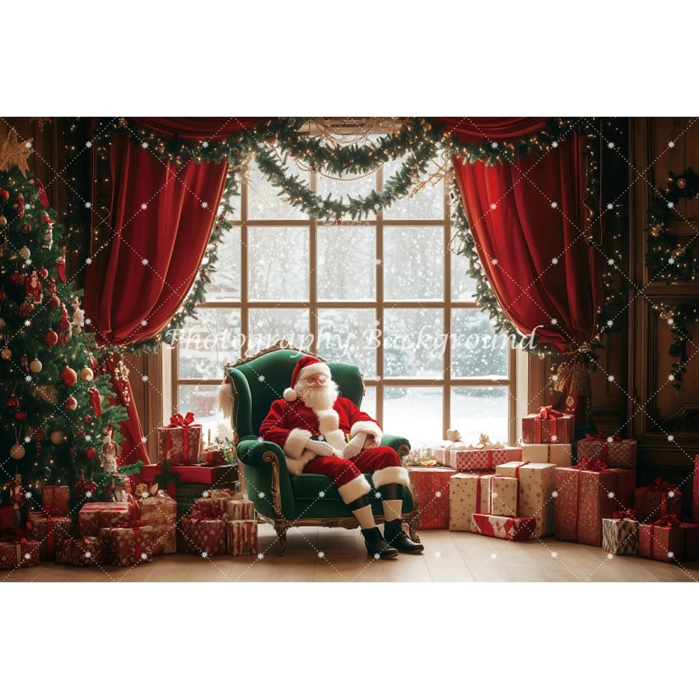 Santa Claus Backgrounds For Photographs Christmas Tree Golden Bell Wooden Window Kids Birthday Decorations Photography Backdrop