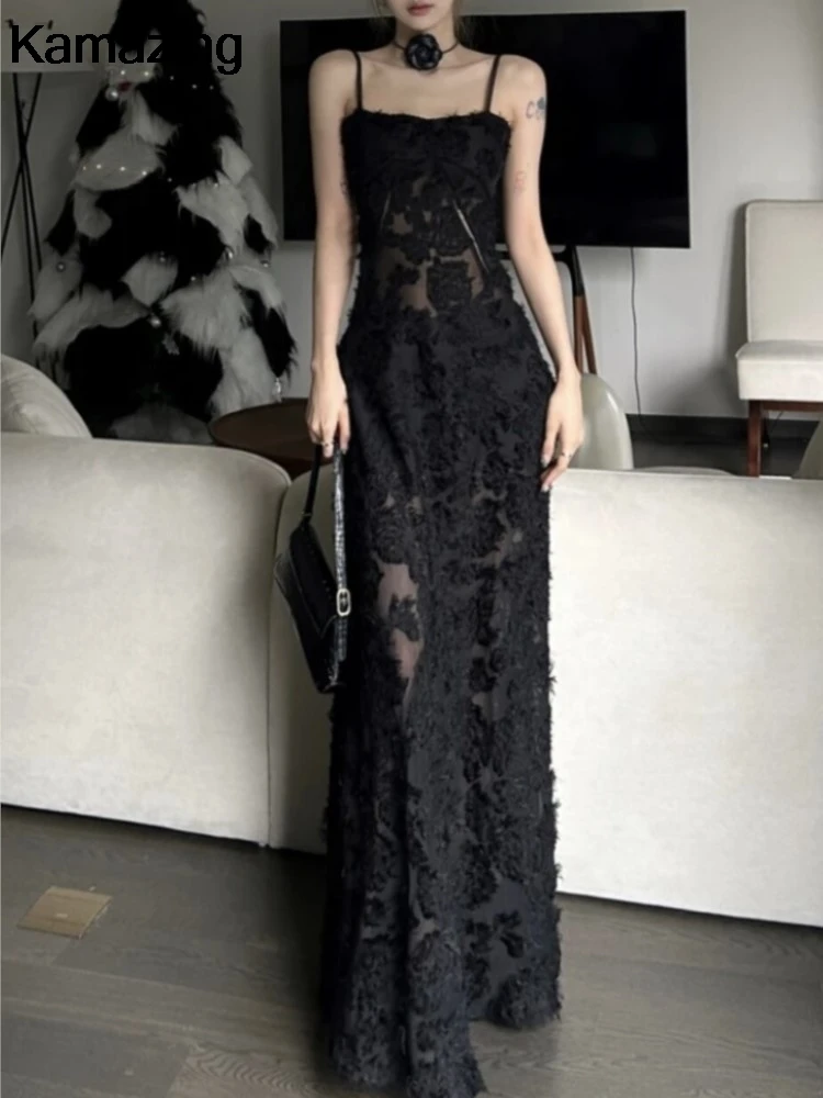 Vintage Luxury Black Long Dress Women Sexy Spaghetti Straps Wedding Evening Party Robe Summer Ladies Runway Bridesmaid Clothes