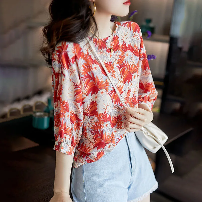 Casual Fashion O-Neck Chiffon Printing Shirt Summer Women\'s Clothing 2023 New Korean Female Loose Pullovers 3/4 Sleeve Blouses