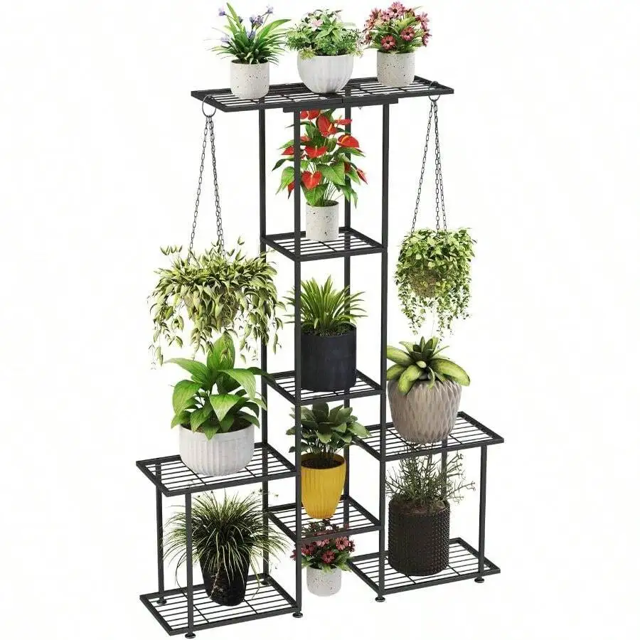 Stand Indoor Outdoor, Metal 6 Tier Tall Hanging Plant Shelf Multiple Flower Planter Large Heavy Duty Ladder Plant Holder Garden,