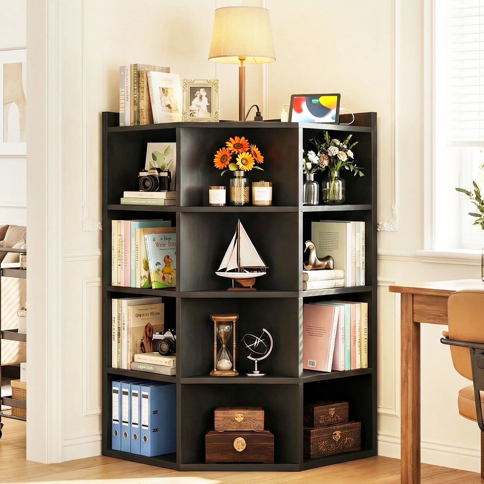 Aheaplus 5-Tier Corner Bookshelf with Power Outlets Wooden L-Shaped Cube Storage Shelf with Top Table for Home Office Bedroom Living Room Black Toy Storage with 12 Cubes