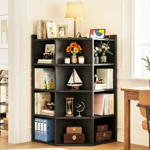 Aheaplus 5-Tier Corner Bookshelf with Power Outlets Wooden L-Shaped Cube Storage Shelf with Top Table for Home Office Bedroom Living Room Black Toy Storage with 12 Cubes
