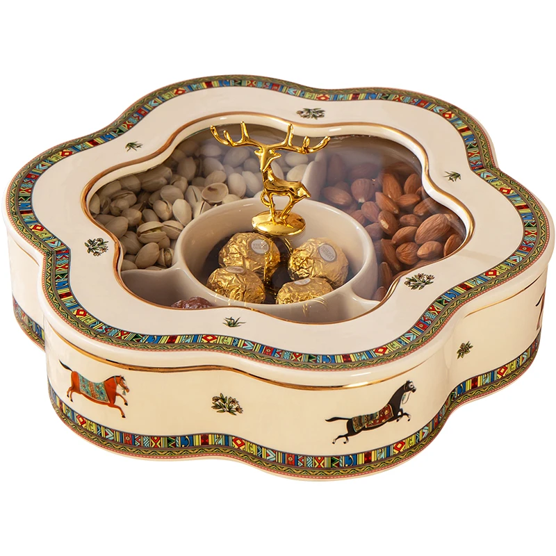 

European rotating fruit plate set, living room luxury high-end ceramic dried fruit box grid with lid wedding nut candy plate