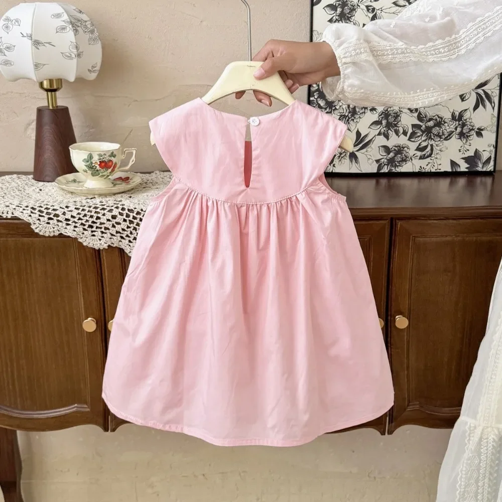 2-7 Jahre Alte Mädchen Sommerkleider im Koreanischen Stil, Rosa-Gelbes Schwesterkleid mit Blumenstickerei, Ärmelloses Kleid – Detail 5
