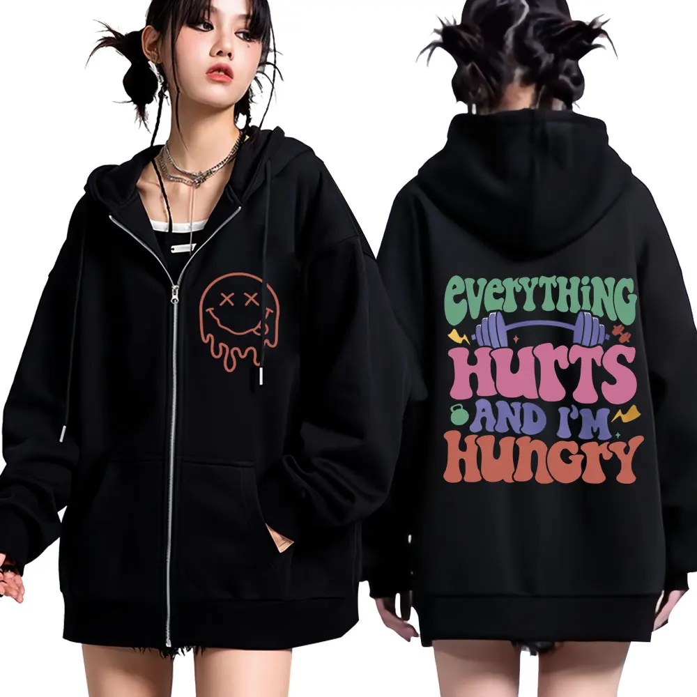 

Everything Hurts and I’m Hungry Gym Graphic Zipper Hoodies Man Woman Fashion Sweatshirt Long Sleeves Casual Zip Up Jacket Coat