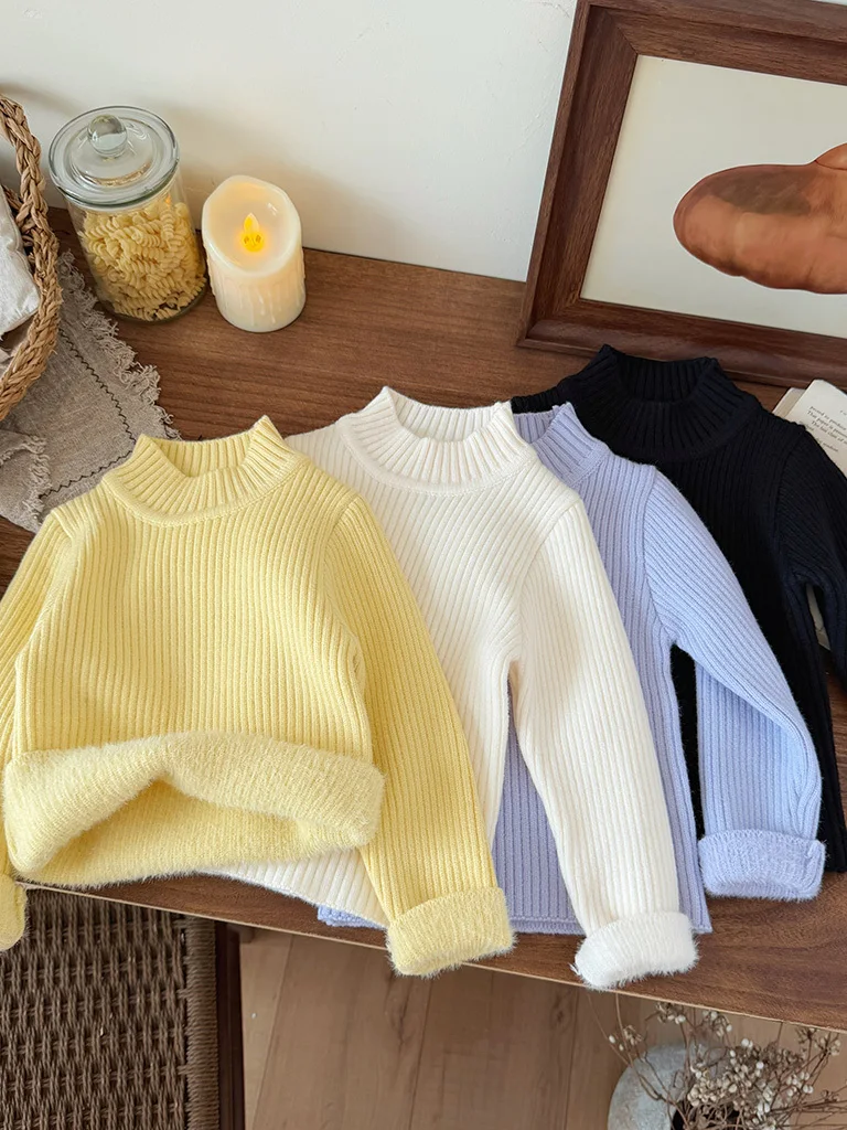 

Thiened Fce Внутренний вязаный свитер для девочек с высоким воротником, зимний теплый теплый длинный свековый топ, детский кл...