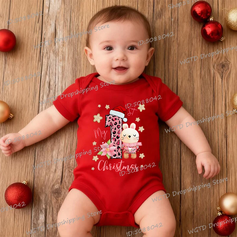 

Funny My 1st Christmas Print Newborn Baby Bodysuits Cartoon Rabbit Creative Short Sleeve Cotton Christmas Boys Girls Clothes