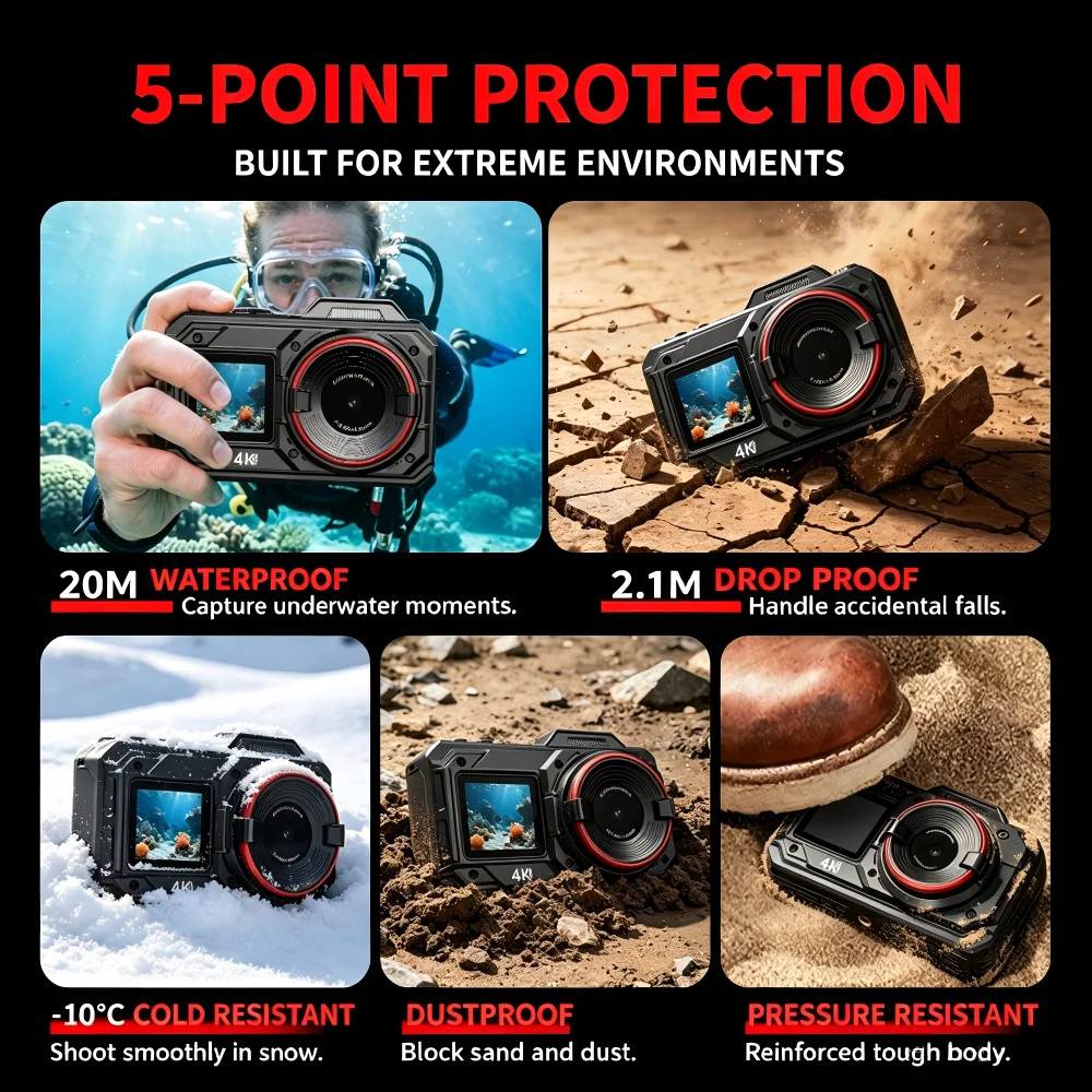 4K Underwater Camera IP68 20M Waterproof Dual‑Screen 18X Zoom WiFi Rugged Sports Camera for Outdoor Snorkeling Vlog Recording