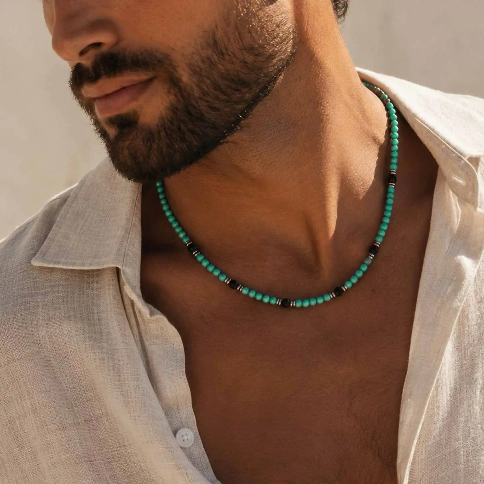 Vnox Men's Turquoise Beaded Necklace, Bohemian Style Adjustable Chain, Punk Hip Hop Birthday Party Jewelry Gift Present for Him - view 4