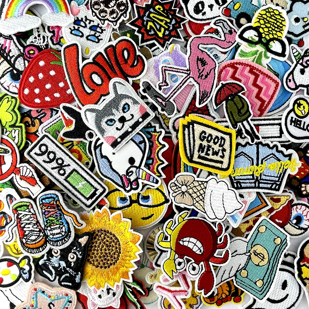 100Pcs Random Mix Iron on Patches for Clothing Decoration Embroidery Decorative Applique Supplies Fabric Patch DIY Cloth Sticker
