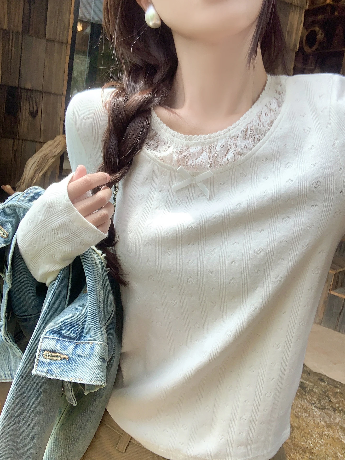 

Zeng Xiao Salt Korean Sle Long Sve Кружевная футболка женская Slim Fit Base irt Single Wear Aosphere Top Повседневный вязаный топ Fa...