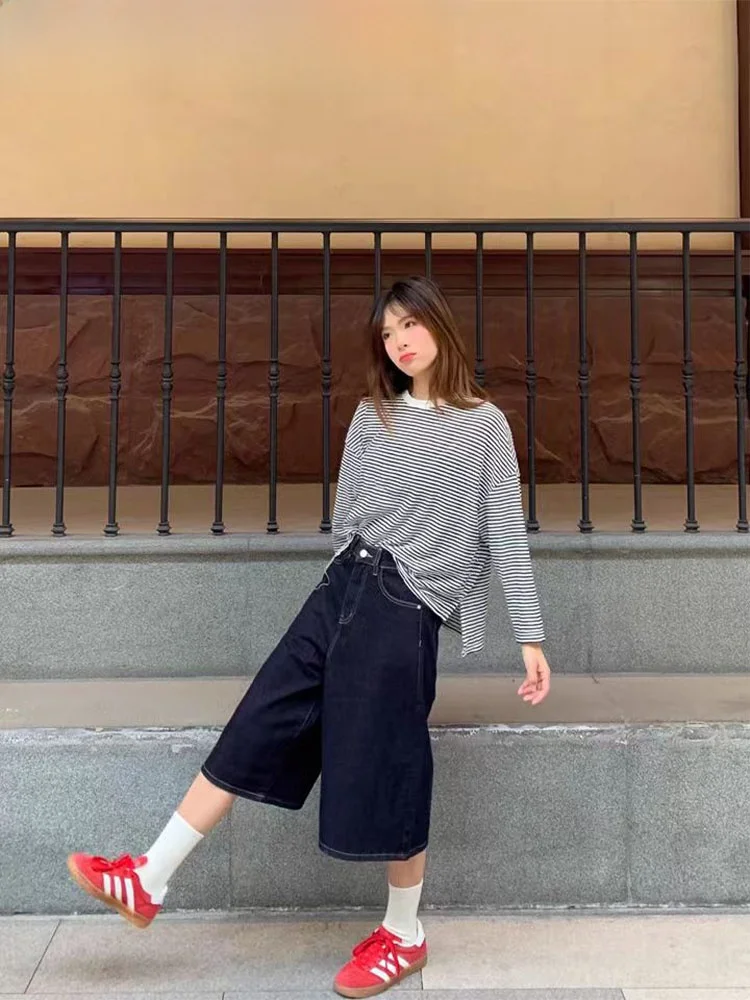 Damskie jeansy z wysokim stanem w stylu amerykańskim, model Sle k Wa, nowość na jesień 2025, plus size, wyszczuplające, proste nogawki, szerokie nogawki.