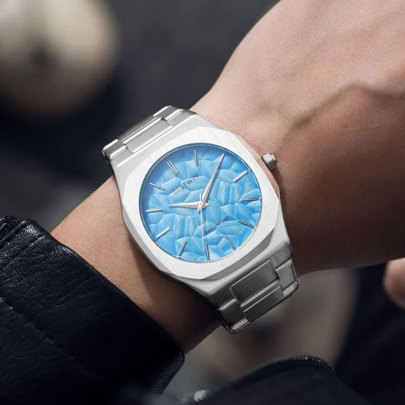 Men's Quartz Watch Embossed Leaf Dial Steel Band Waterproof Fashion Male Wristwatch Premium Quality Steel Strap Business Watches