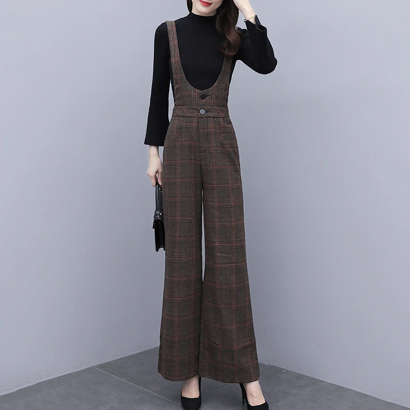 2024 Autumn Winter Plaid Woolen Jumpsuit Women High Waist Office Lady Jumpsuits Combinaison Femme Elegant Overalls