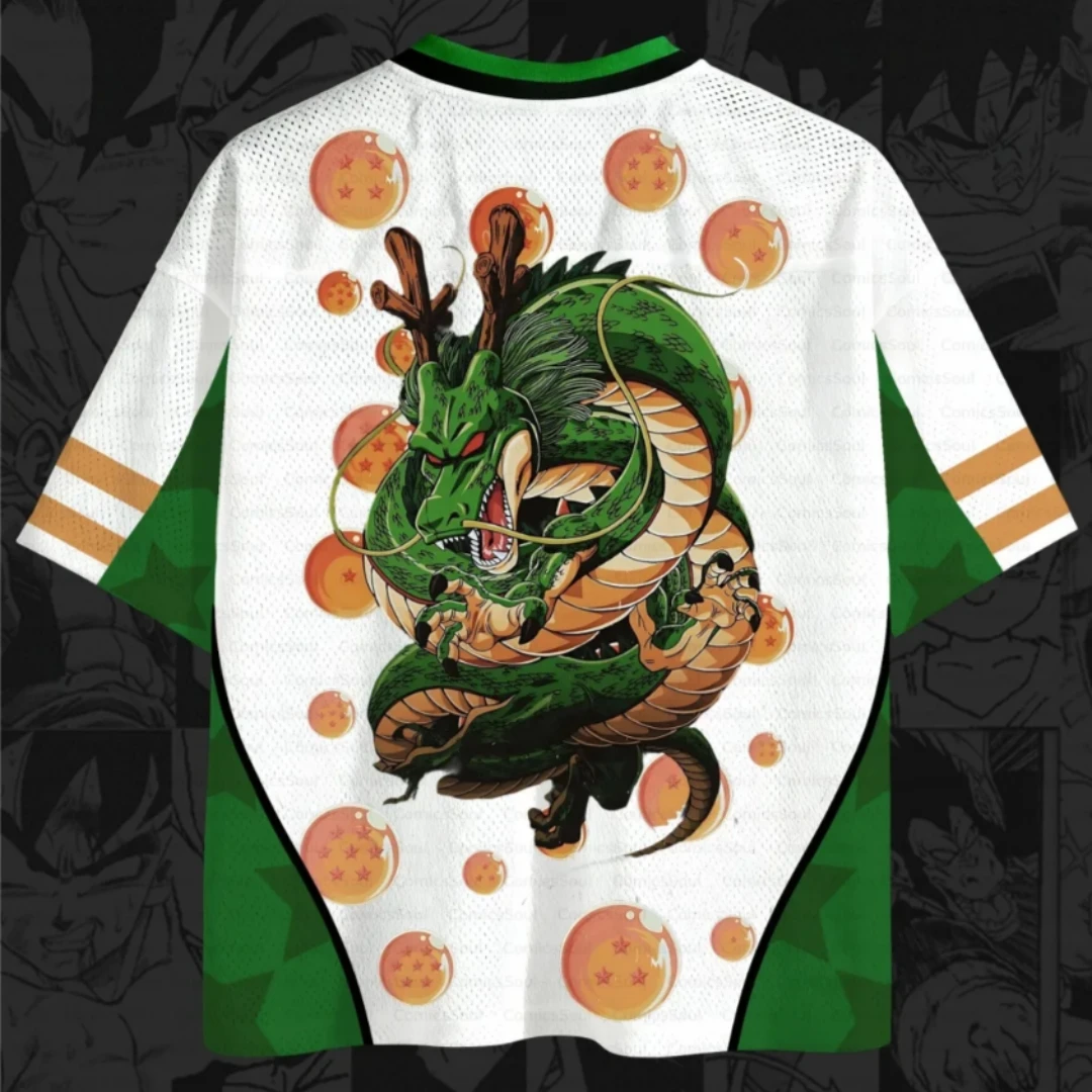 Dragon Ball Dragon Printed Mesh Jersey, White Green V-neck Breathable Anime Cosplay Big Green Dragon Manga Fan Jersey