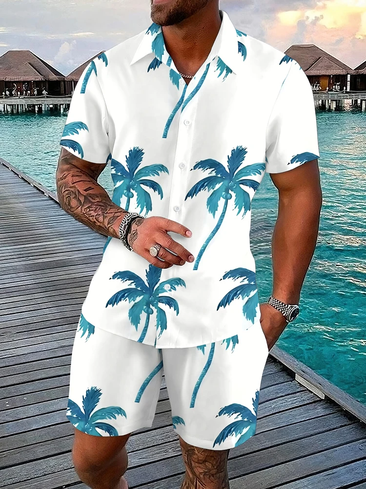 Summer Casual Men's Shirt And Beach Shorts Set Hawaiian Style Palm Tree Printed Men's Short-sleeved Shirt Seaside Vacation Short