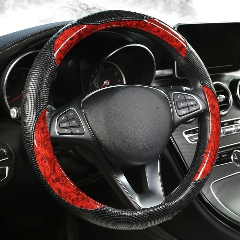 Universal Leather Steering Wheel Covers Wood Grain Car Steering Wheel Grip Car Accessories Interior Non Slip Car Steering Covers