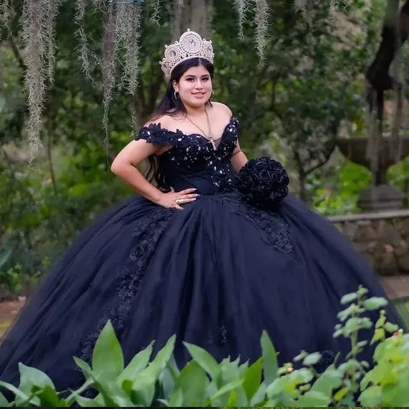 Vestidos de quinceañera para niñas, vestido de baile de fiesta de cumpleaños, dulce XV, apliques de encaje, Charro, capa, vestido de graduación, negro