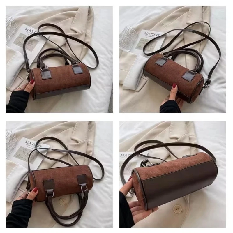 Bolso cilíndrico de terciopelo con textura retro, mini bolso, bolso de mensajero, bolso cruzado, alta calidad, moderno, nuevo, otoño e invierno