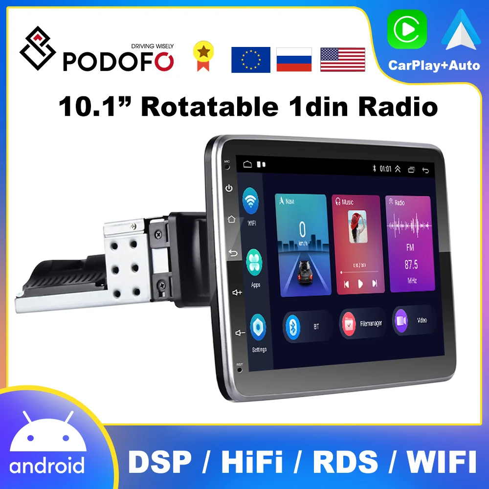 

Podofo 1 Din CarPlay Rotatable Android AutoRadio Car Radio With 10" Screen Intelligent Systems Bluetooth Multimedia Player Unit