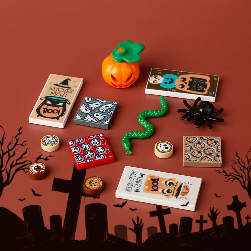 MOC City Halloween Tiles Printed Building Blocks Street View Ghost Pumpkin Skeleton Christmas Gifts Elk Accessories Bricks Toys