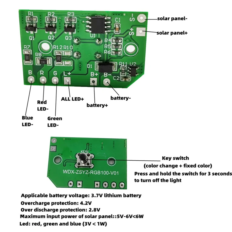 ソーラーライト回路基板,3.7V,スイッチ,芝生ランプコントローラー,リチウム電池,RGB交換回路基板