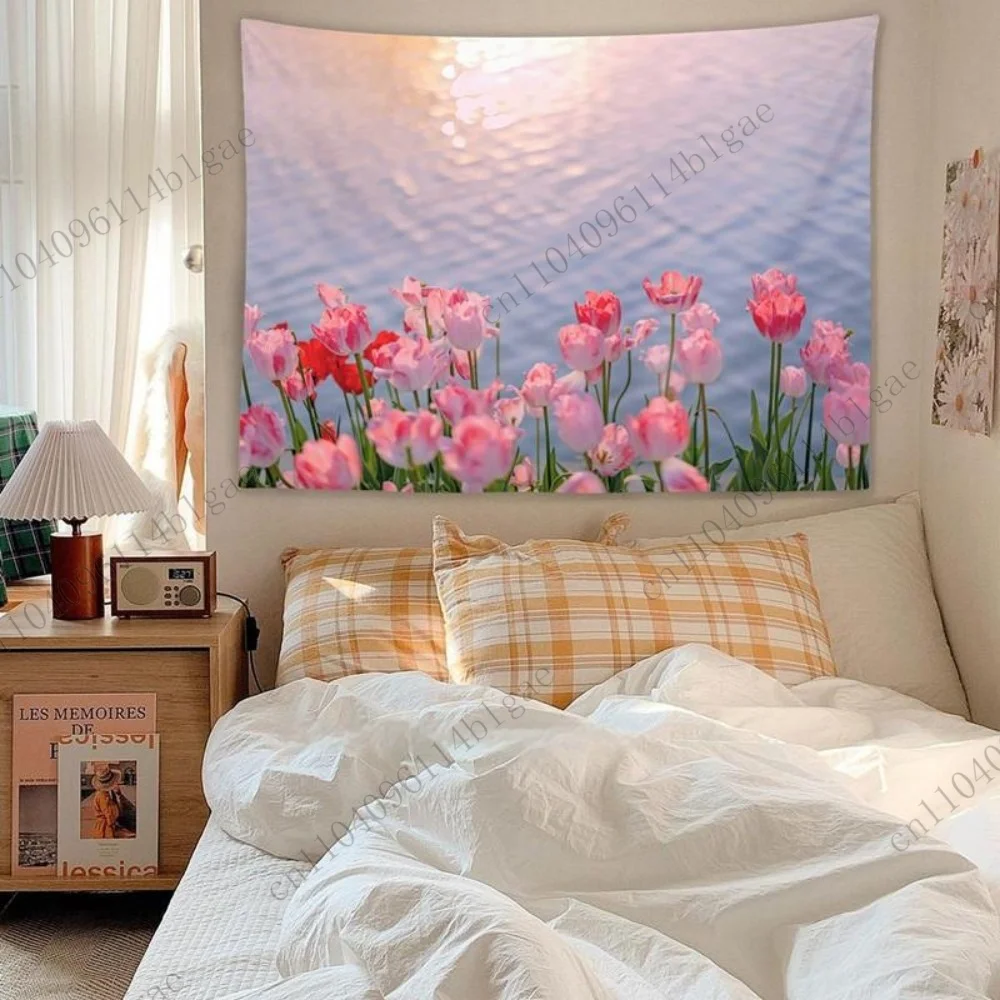 Blooming Flowers Tapestry - Scenic Home Accent Faux Window Tapestry  Headboard Aesthetic Room Decoration Background Cloth