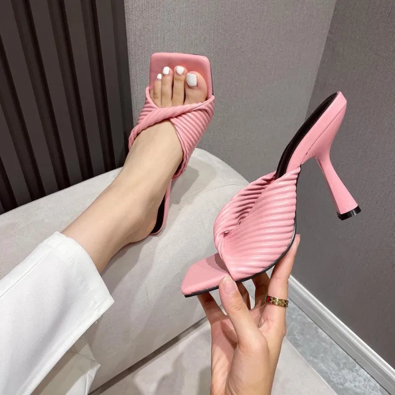 New Sexy High Heels Slippers Woman Square Toe Fashion Pleated Design Ladies Sandals Summer Outdoor Runway Party Shoes